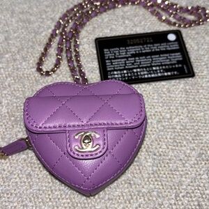 Authentic Pre-Owned Chanel Purple Lambskin Quilted CC In Love Heart Coin Purse